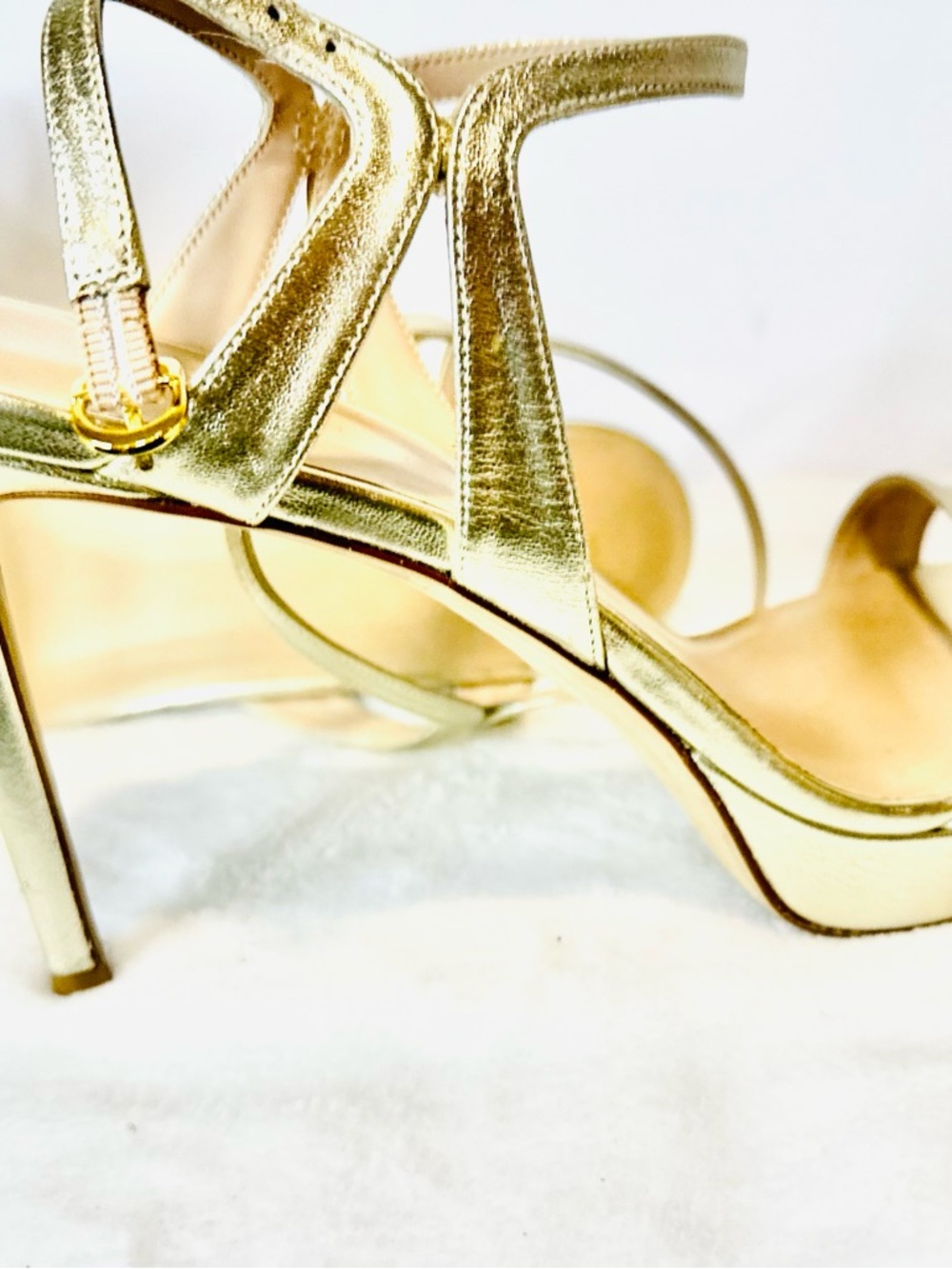 Stuart Weitzman Shimmery Metallic Gold Classic Strappy Stiletto W/ Ankle Strap - Picture 7 of 8